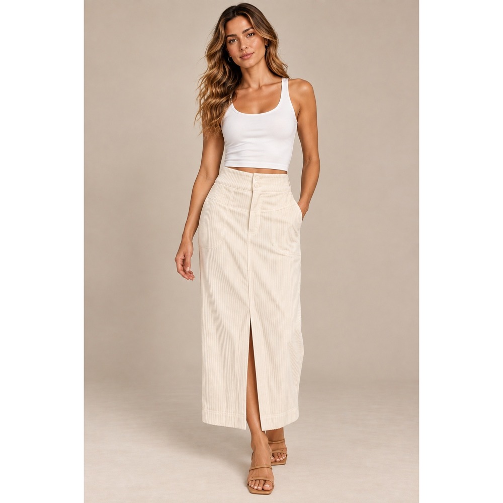 Free People Womens Maxi Skirt XS Creme Ribbed Corduroy Button Front Slit Pockets